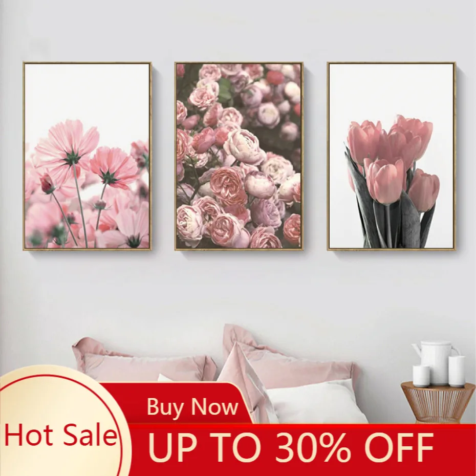 Nordic Плакаты и принты Розовый тюльпан роза цветок Картина на холсте искусство