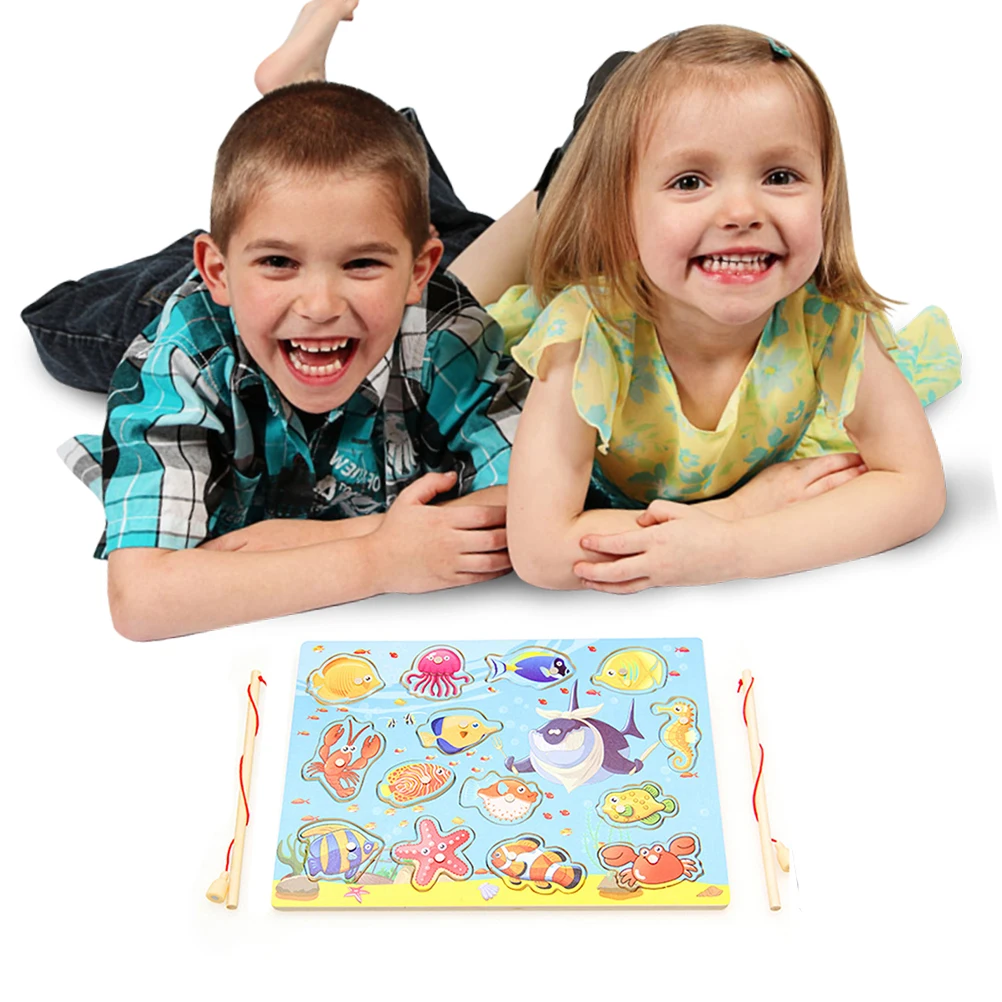 Детские развивающие игрушки Магнитные деревянные пазлы с 14 рыбами и 2 магнитными