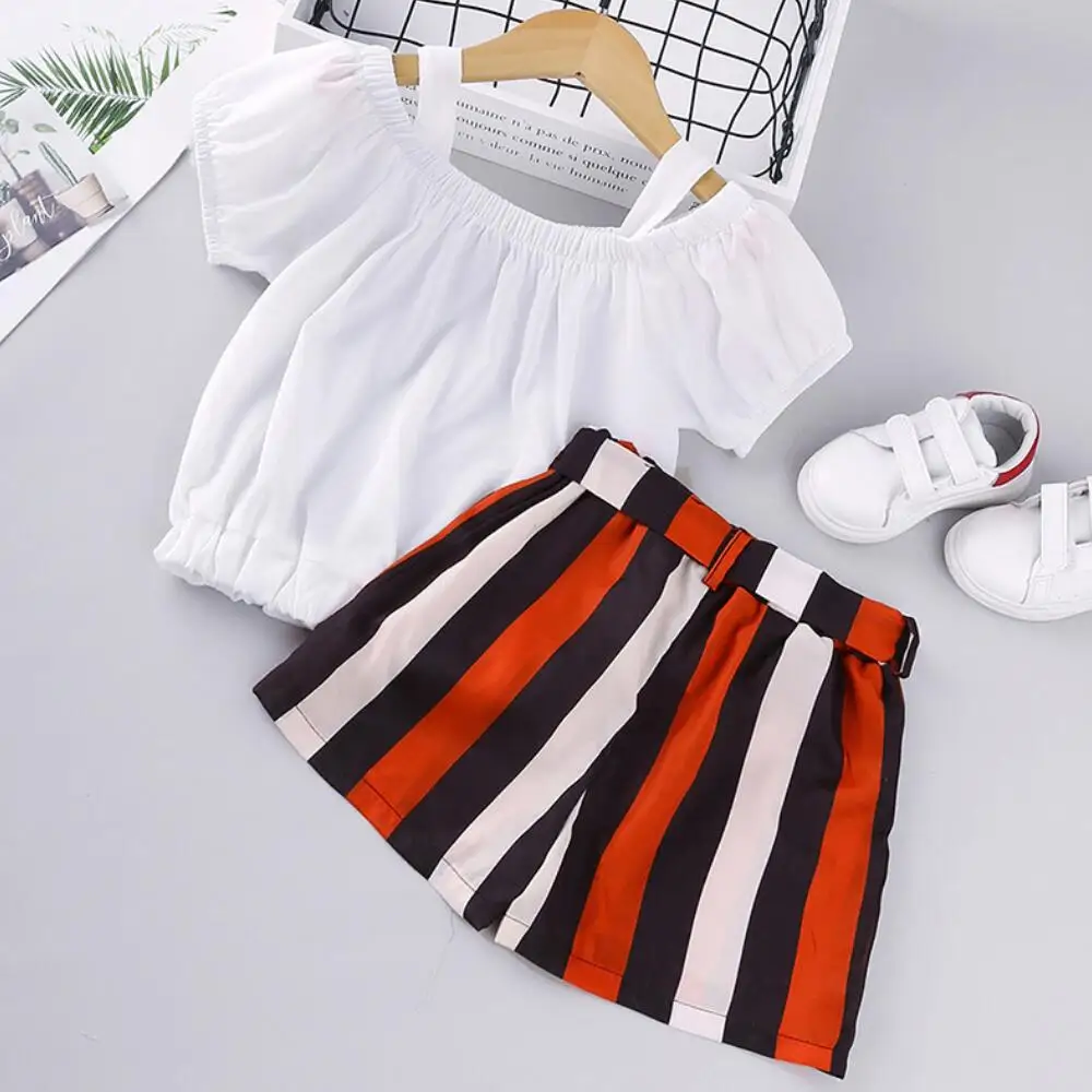 

Toddler Girls Clothes Summer Fashion White Open Shoulder Bubble Sleeve Tops + Stripe Shorts 2pcs Kids Chiffon Tracksuit Suit