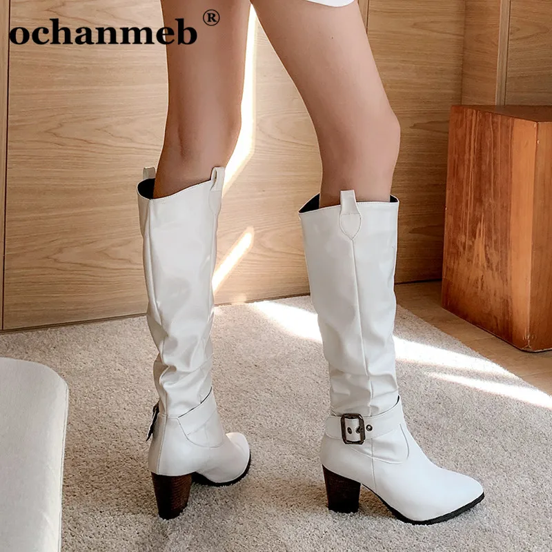 

ochanmeb Women Pleated Knee High Boots Metal Buckled Shoes Female Large Size 46 12 13 Western Cowboy Boots Woman 2020 Winter New