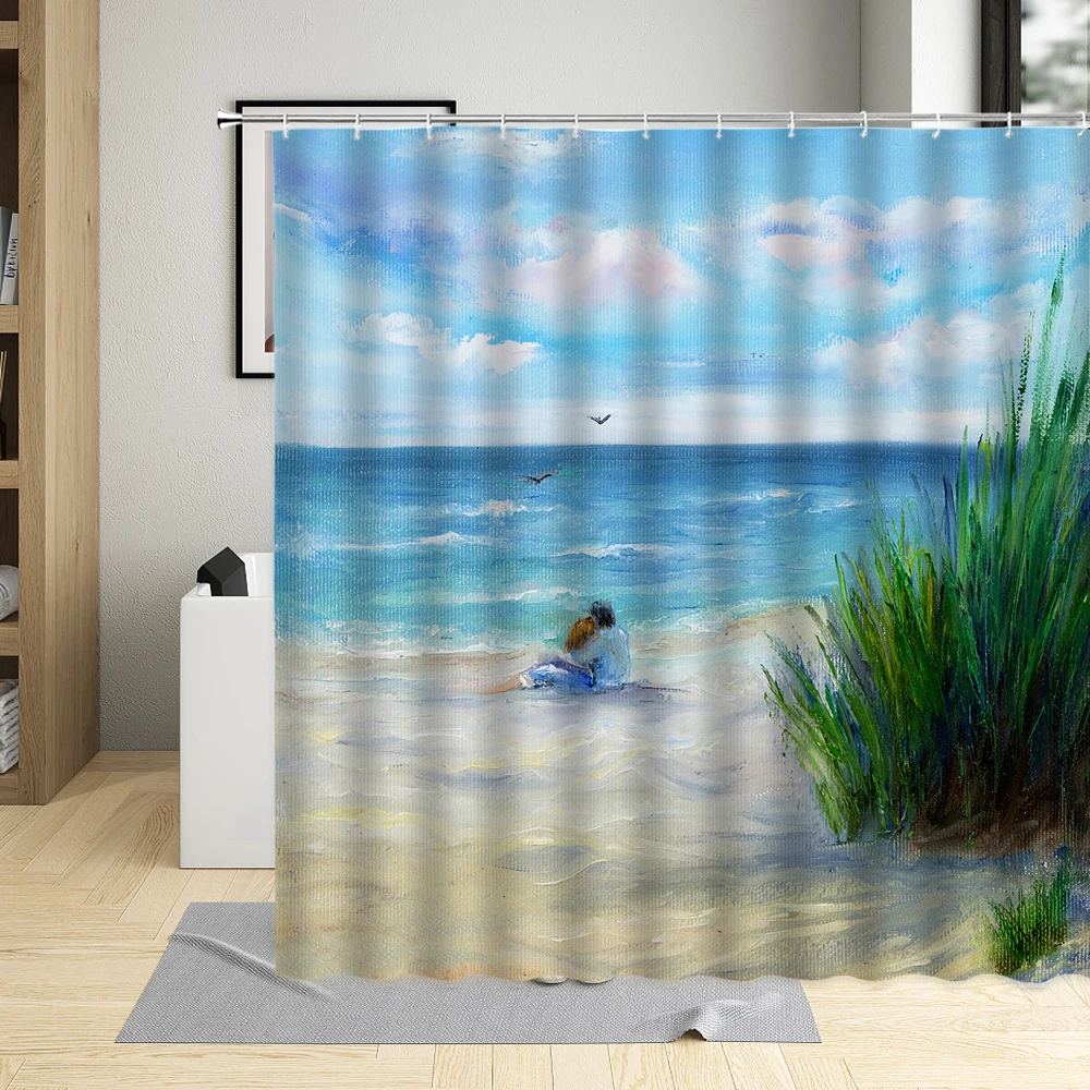 

Oil Painting Seaside Sailboat landscape Shower Curtain Hand Painted Lighthouse Arch Bridge View Bathroom Bathtub Decor Set Hook