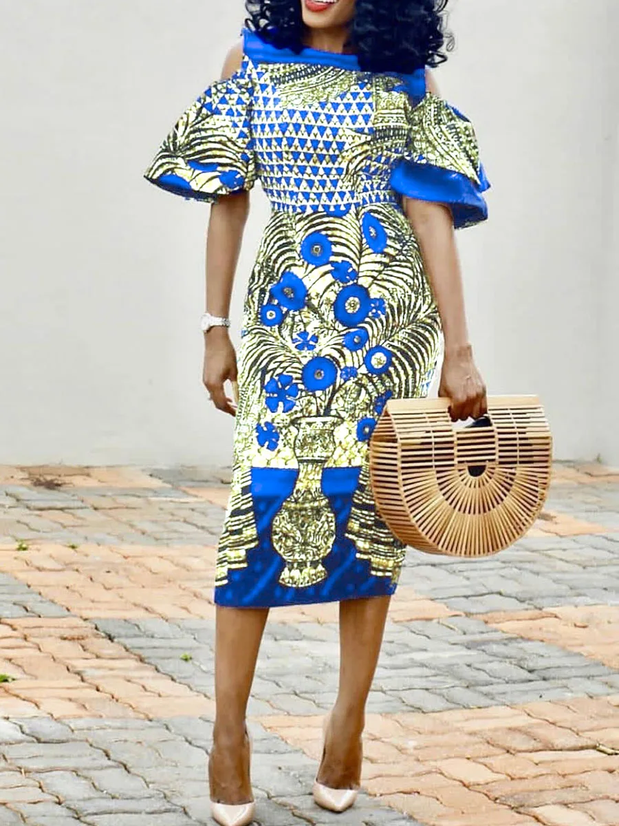 Off Shoulder Party Bodycon Dress Elegant Evening Women Ethnic Floral Color Print Stylish Ruffle Summer 2019 Sexy African Dresses | Женская