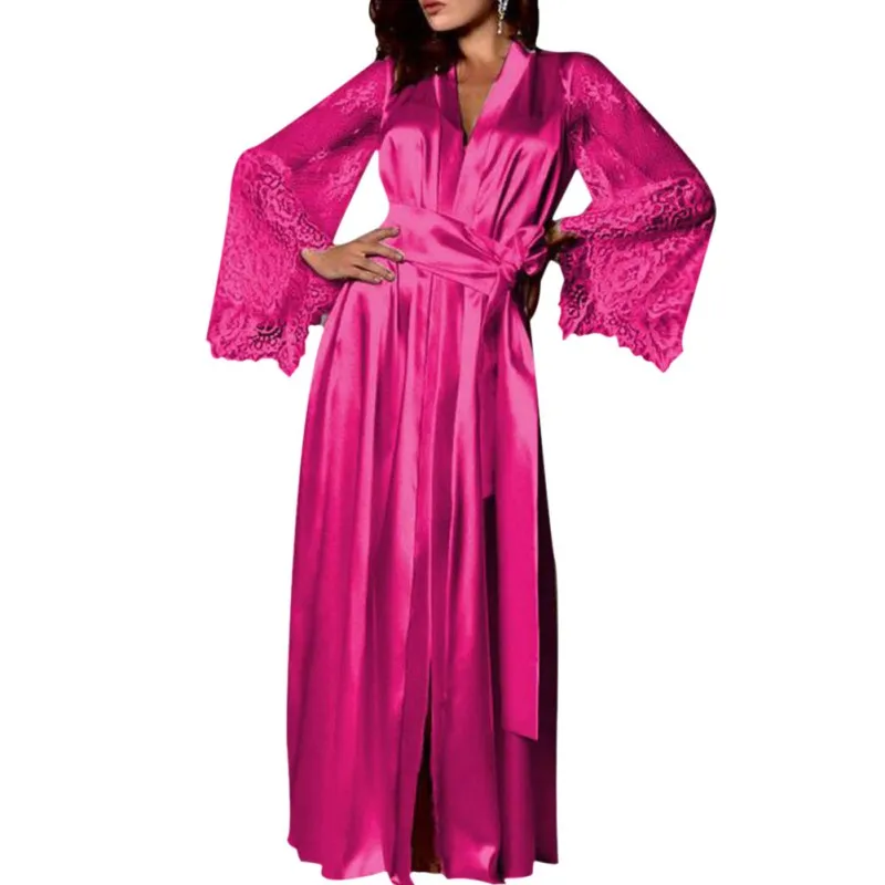 

Lace Patchwork Sexy Women Extra Long Bathrobe Silky Satin Robe Charming Women's Lengthened Casual Long Sleeved Robe Homewear Hot