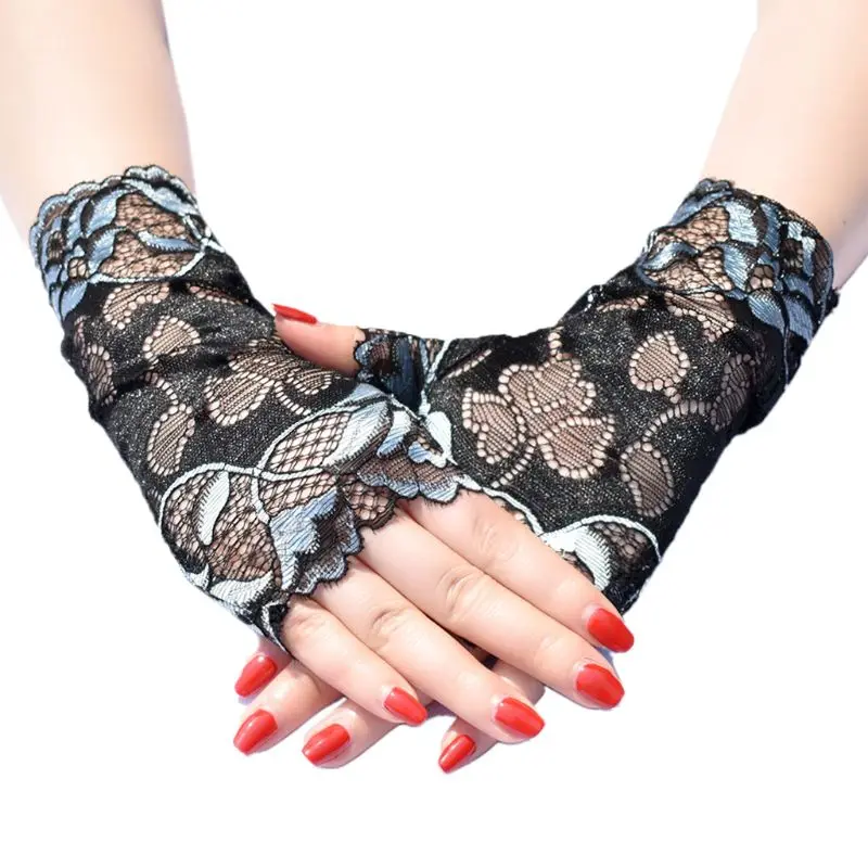 

1 Pair Women Summer Thin Sunscreen Hollow Fingerless Gloves Jacquard Floral Lace Contrast Color Dance Party Mittens