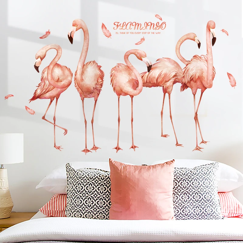 

Pink Flamingo Wall Sticker for Kids Girls Room Bedroom Removable Decal Creative Feather Murals Wall Decoration DIY Self-adhesive
