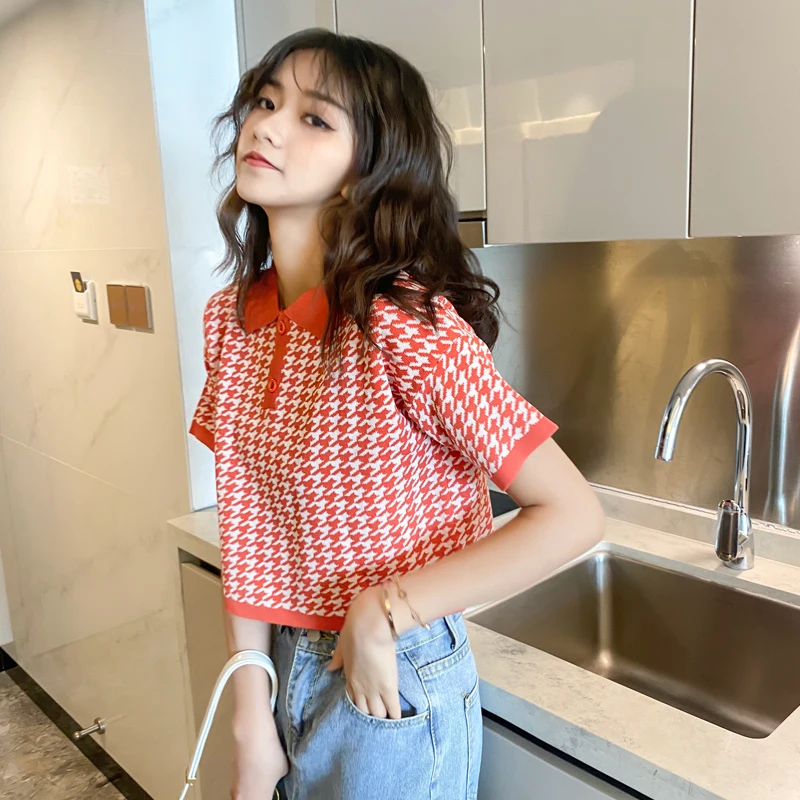 

Streetwear Houndstoot Knitted T Shirt Women Korean Summer Autumn Turn Down Collar Short Sleeve T-shirt Tee Shirts Crop Tops
