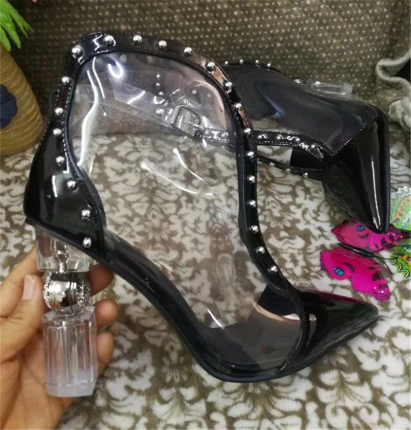 

Transparent PVC Ankle Boots Women Crystal Metal Strange Heel Sexy Pointed Toe Studded Buckle Short Booties Women