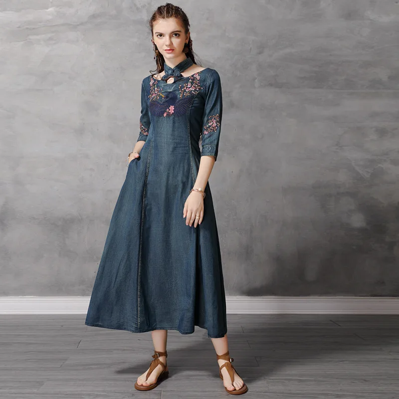 Женское платье макси Johnature винтажное с вышивкой свободное воротником стойкой и