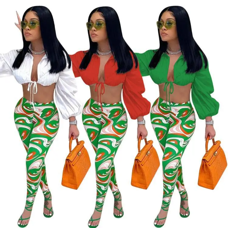 

V-neck Lace Up Blouse Shirt Top Print Pencil Pants Set Autumn Long Sleeve Sexy Party Night Outfits Matching Set Hot