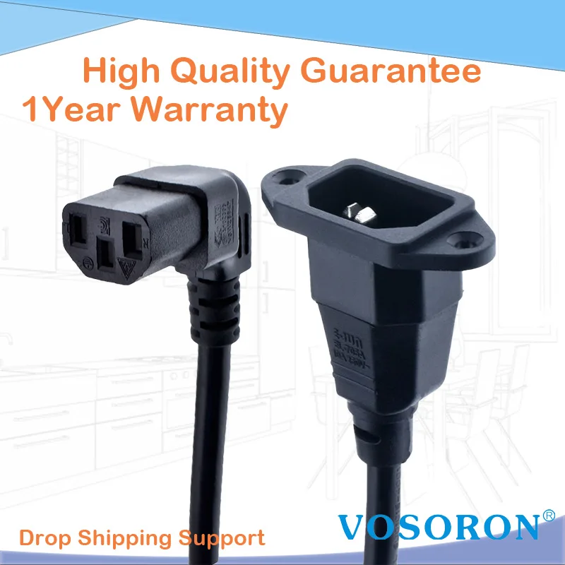 Удлинительный шнур IEC320 C14-C13, Удлинительный шнур C14 с отверстиями для винтов и укороченным верхом C13, длина 60 см, H05VV-F 3G 0,75 мм