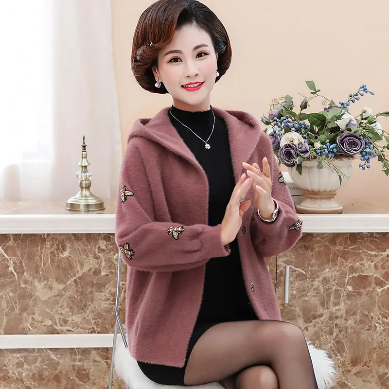 

Women 2021 New Autumn Winter Imitation Water Velvet Cardigan Female Thicken Hooded Loose Cardigan Lady Solid Mink Sweater R245