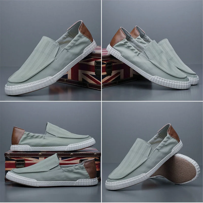 

Breathable Vulcanized Shoe Men Canvas Sneakers Round Toe Solid Holes Loafers Elastic Band Man Sewing Designer Flats M21242