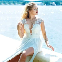 thinyfull summer beach side slit wedding dresses v neck cap sleeve bride dresses chiffon lace appliques vestidos de novia 2020