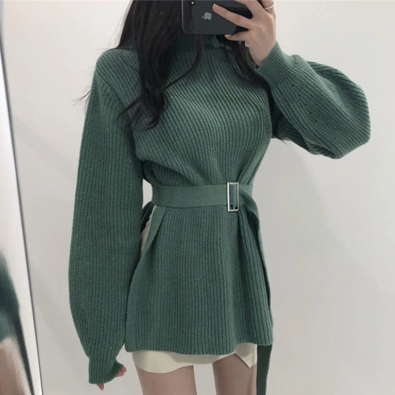 

Корейский шикарный женский свитер, Осенний вязаный пуловер для ленивых средней длины с высоким воротом, Свободный пуловер со шнуровкой сбо...