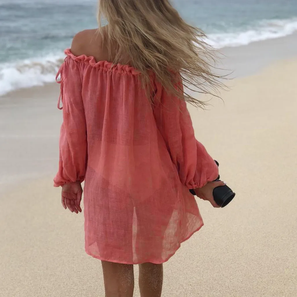 

Cover-Ups Women Bikini Cover Up Swimwear Summer Beach Wear Off Shoulder Blouse Sundress Sexy Transparent Cover Up Dress Holiday