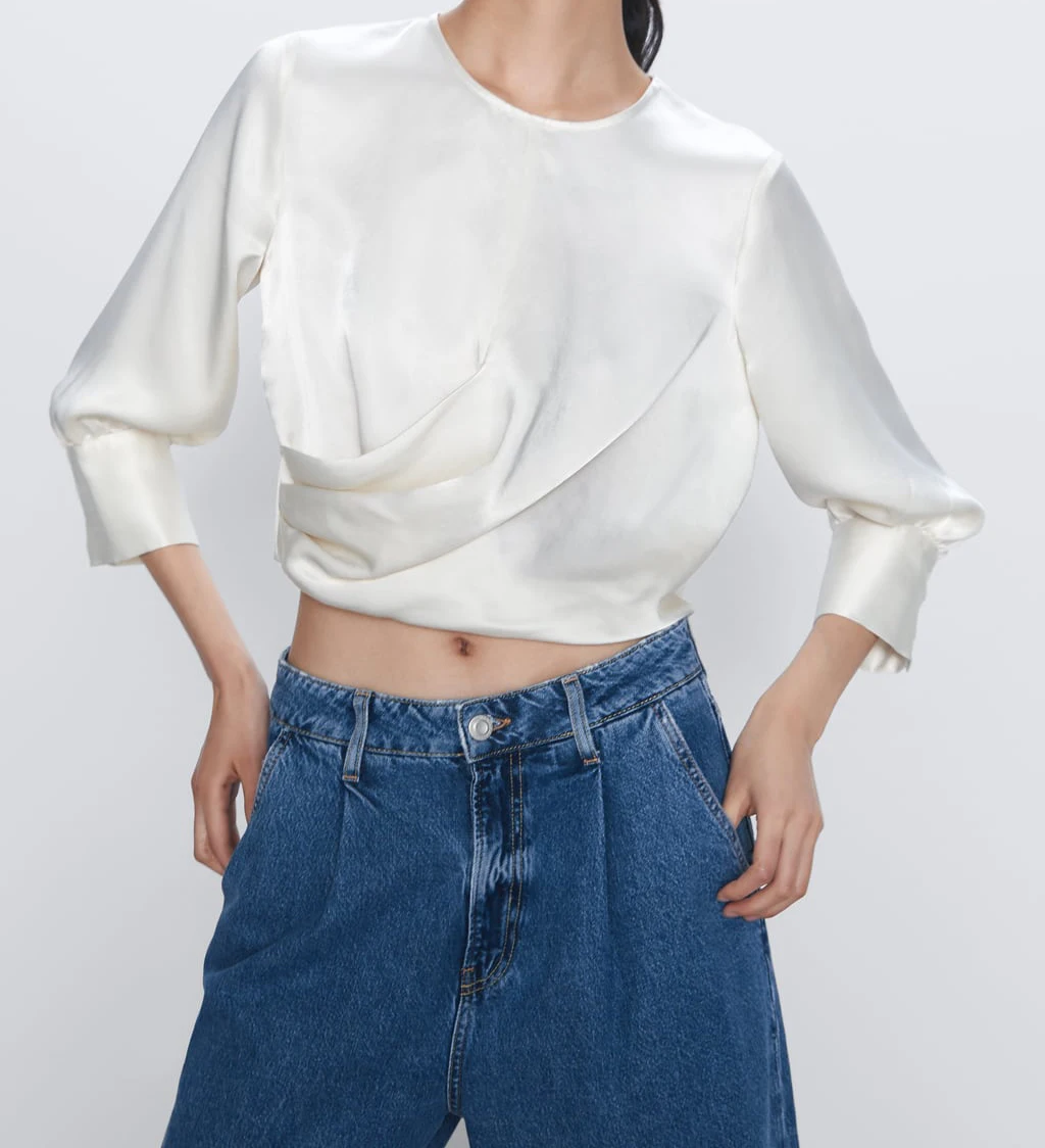 Za 2020 модная женская блузка бежевая шелковая сатиновая с круглым вырезом со