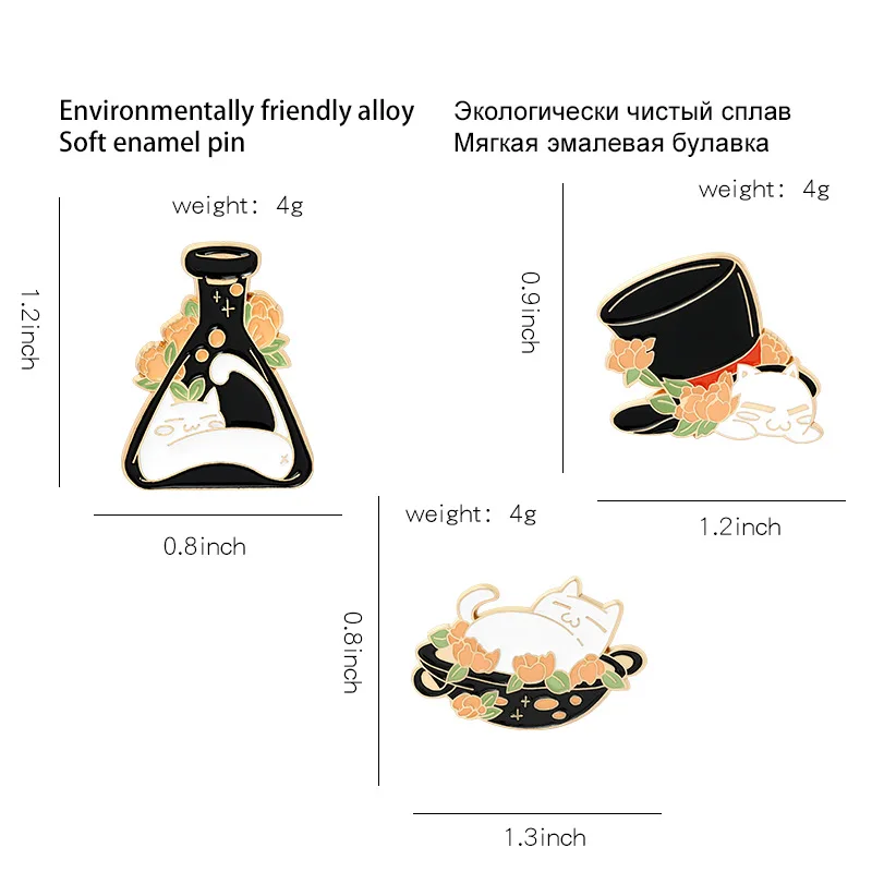 

New White Cat Brooch Retro Potion Bottle Flower Cat Enamel Pin Wizard Cat Hat Brooches Lapel Pin Backpacks Animal Badge