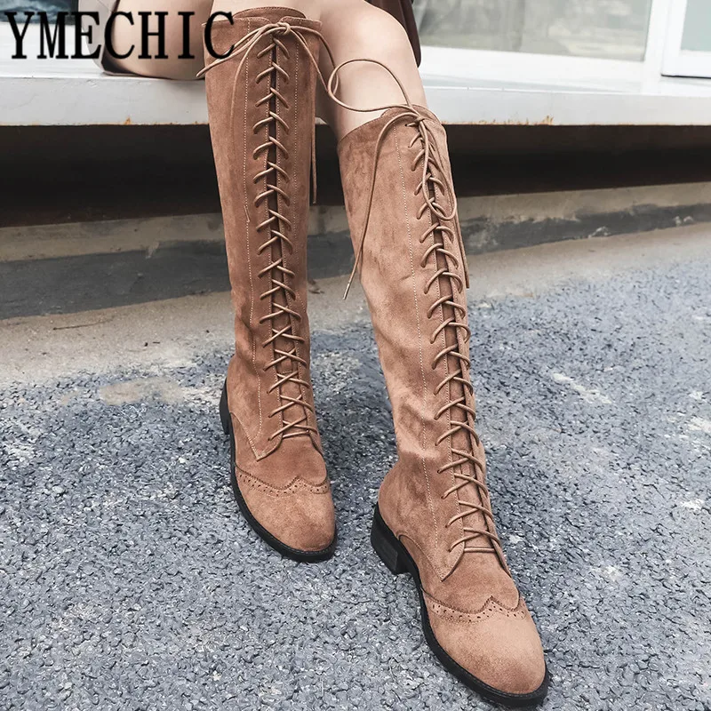 Мотоциклетные сапоги YMECHIC на среднем массивном каблуке женские из флока с