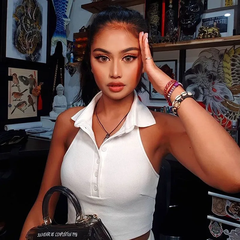 

2021 Summer Halter Neck Crop Top Women Black Backless Off Shoulder Button Basic T Shirts Sexy Sleeveless Tank Tops Outwear