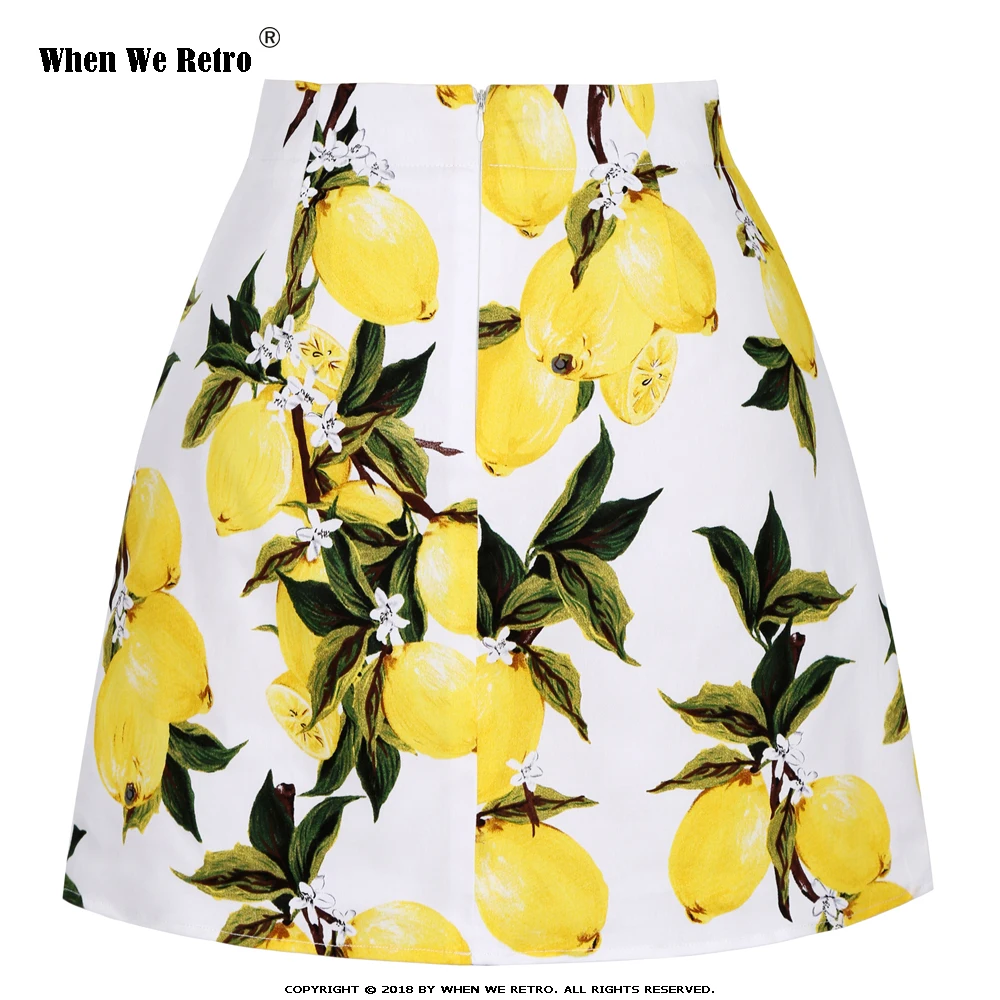 Women Ladies Yellow Lemon Print Summer Mini Skirt SS0008 Vintage High Waist Plus Size Fruit Floral Cotton falda corta | Женская одежда