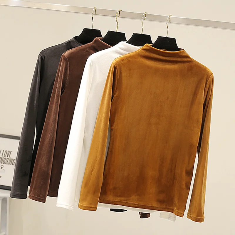 

Spring New Fashion Velvet Slim Long Sleeve Pure Color Half Collar Color Underwear T-shirt TopRachel