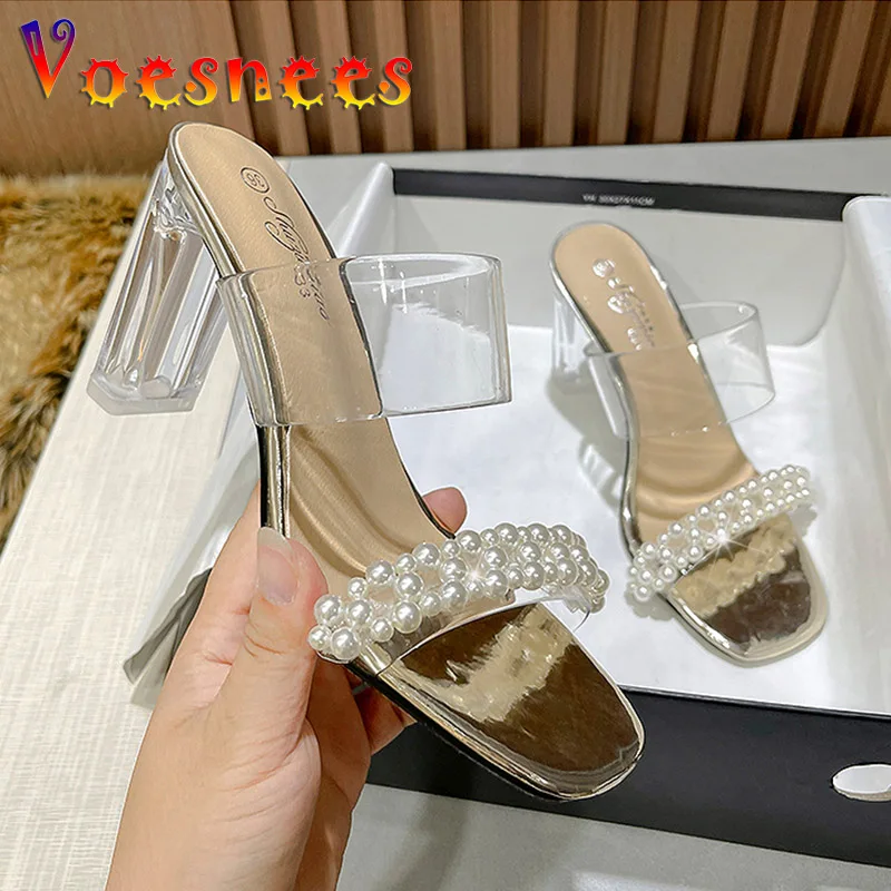 

2022 Fashion Slippers Summer New Pearl String Bead Sandals Sexy Transparent Band 9CM Party High Heeled Shoes Women Square Toe