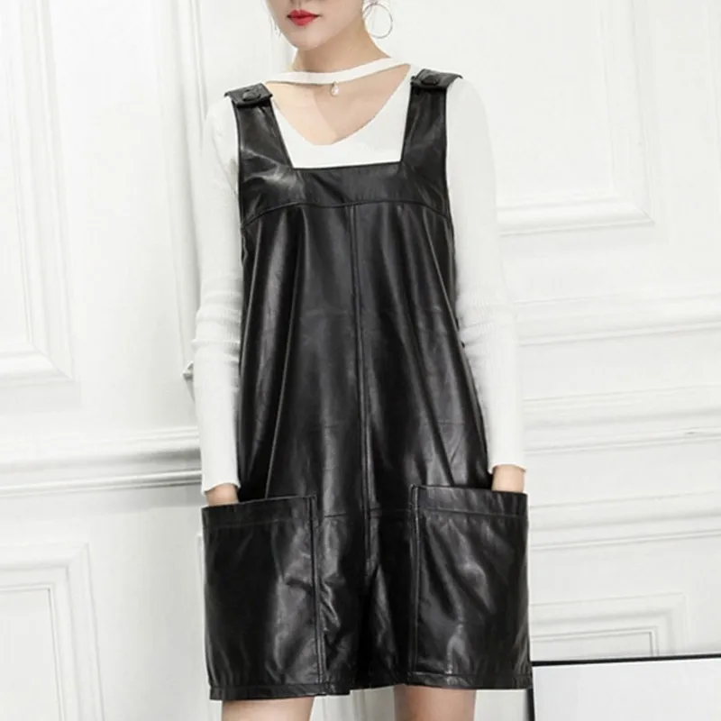 

High Quality Luxury Womens Jumpsuit Fashion Solid Genuine Leather Short Jumpsuit Streetwear Loose Fit Wide Leg Playsuits S-3XL