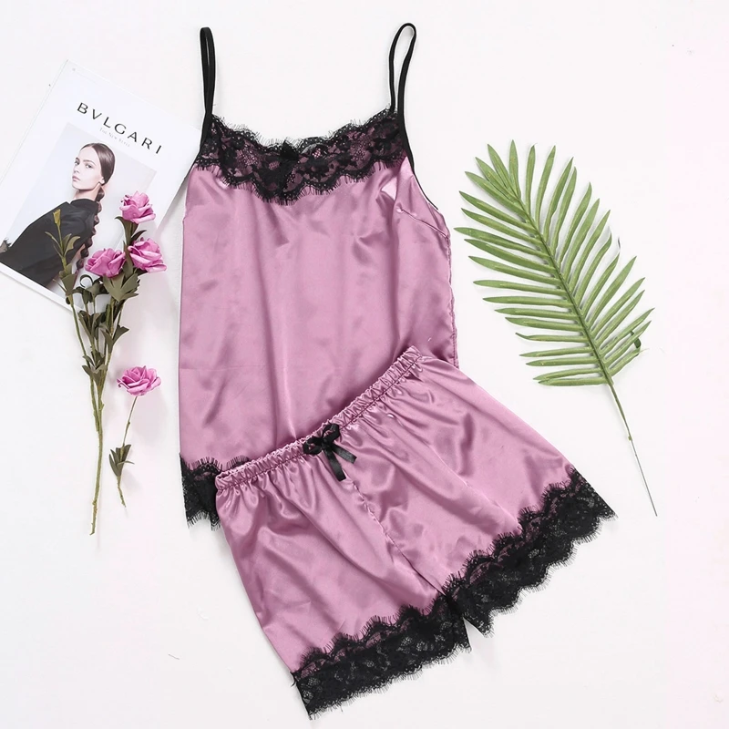 

24BC Womens Sexy Imitated Faux Silk Pajamas Set Deep V-Neck Solid Color Camisole Sleepwear Eyelash Floral Lace Trim Wide Leg