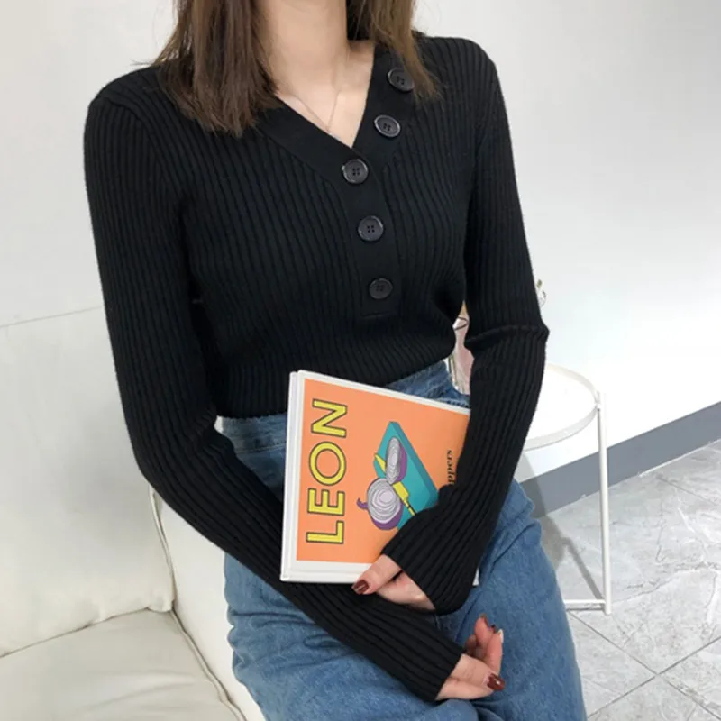 Women Casual V-Neck Sweaters Solid Winter Wear Sexy Ladies Long Sleeve Single Breasted Slim Fit Jumper Clothes | Женская одежда