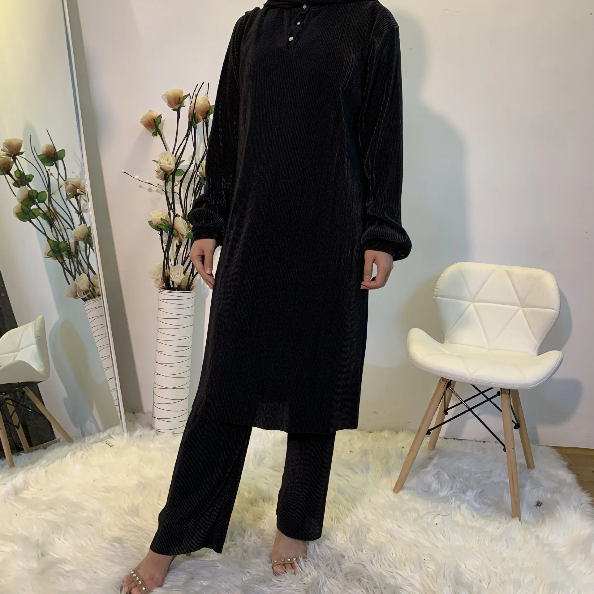 

Eid Two Piece Sets Tops Pants Women Dubai Muslim Abaya Lace-up 2 Pieces Sets Kaftan Islam Turkish Islamic Clothing Dress Sets