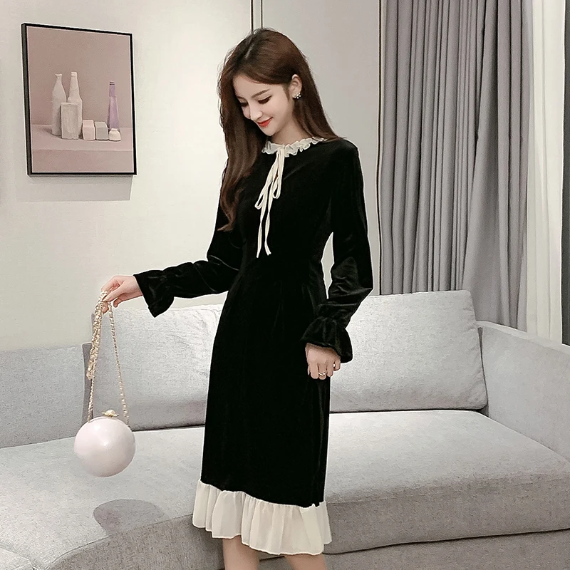 

2021 New Spring Autumn Women Black Dress Ruffled Collar Ribbon Velvet Elegant A-Line Dress Cute Sweet Ruffles Party Midi Dresses