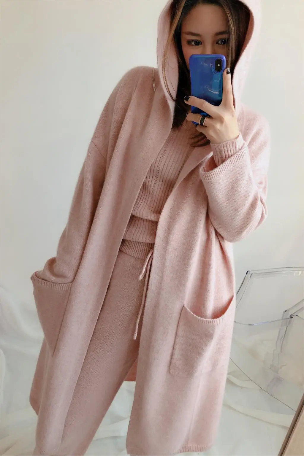 

2020 New "Women 's Long Knit Cardigan Sakura Pink Cashmere Long Loose Hooded Knit Cardigan" Women