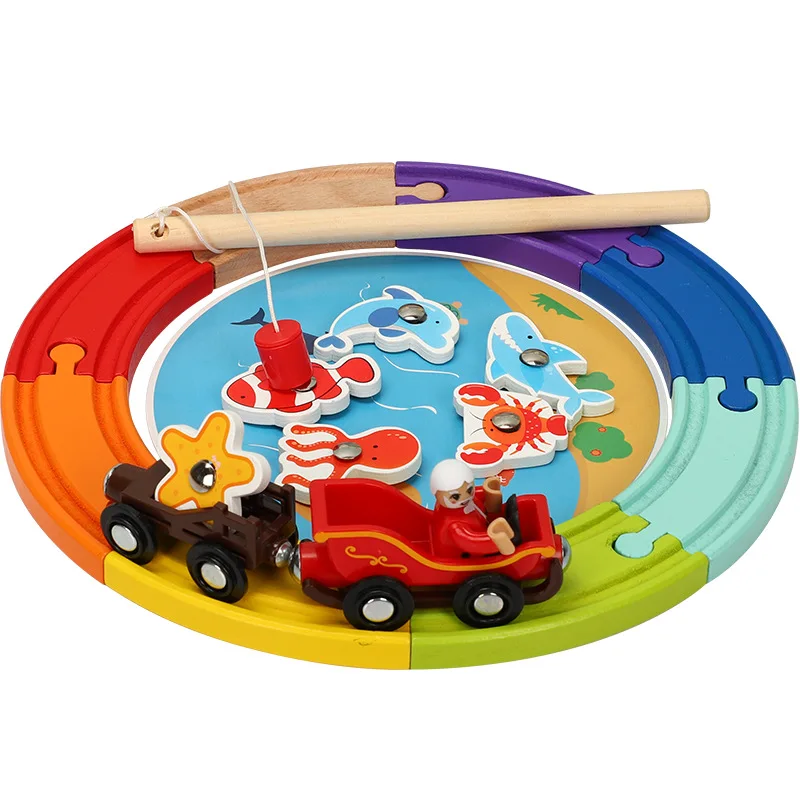 Деревянный маленький поезд трек-сцена аксессуары + Радуга Магнитная рыбалка пруд
