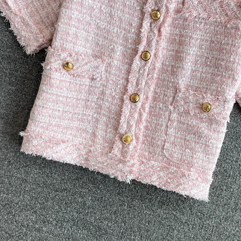 

2021 Summer New Korean Fashion Vintage Cardigan Coat Women Summer Crop Top Casual Tweed Jackets Coats Female Streetwear Outwear