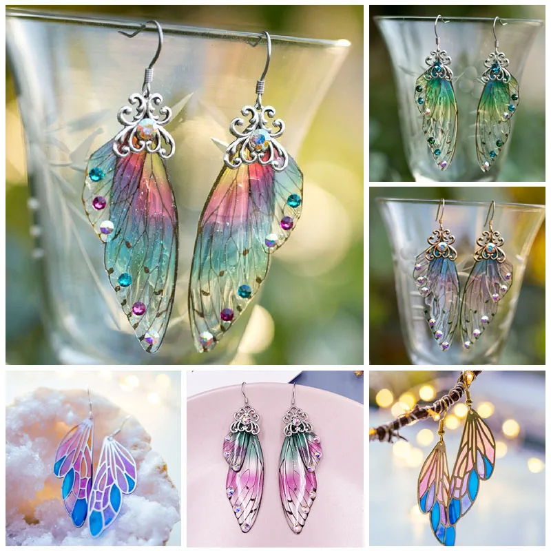 

Fantasy Neon Color Rhinestone Cicada Wings Earrings Trendy New Butterfly Gradient Pink Blue Sequins Long Drop Earrings luxury