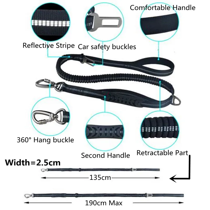 

Dual Handles Dog Leash As Car Seat Belts with Reflective Nylon Stripe Explosion-proof Car Pet Leash 135cm Retractable 190cm Max