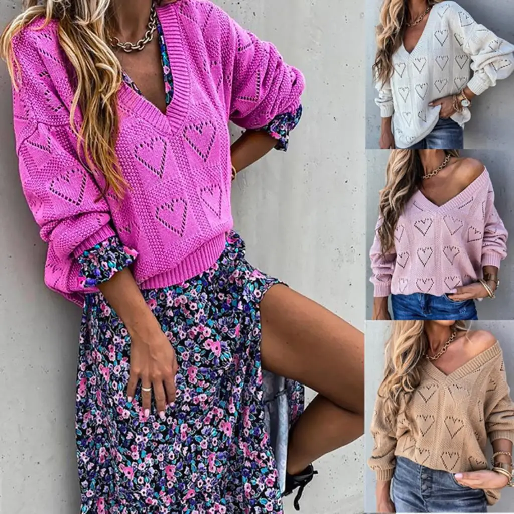 Женский вязаный свитер свободного кроя с сердечками кофта женская одежда на
