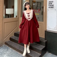 spring japan fashion cute dress women lolita sweet bow sailor collar female long sleeve vintage elegant black corduroy dresses