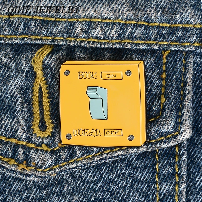 QIHE JEWELRY Yellow Square Pin Book ON World OFF Enamel Study Badge Denim Jeans Bags Jewelry Gift for Friends | Украшения и