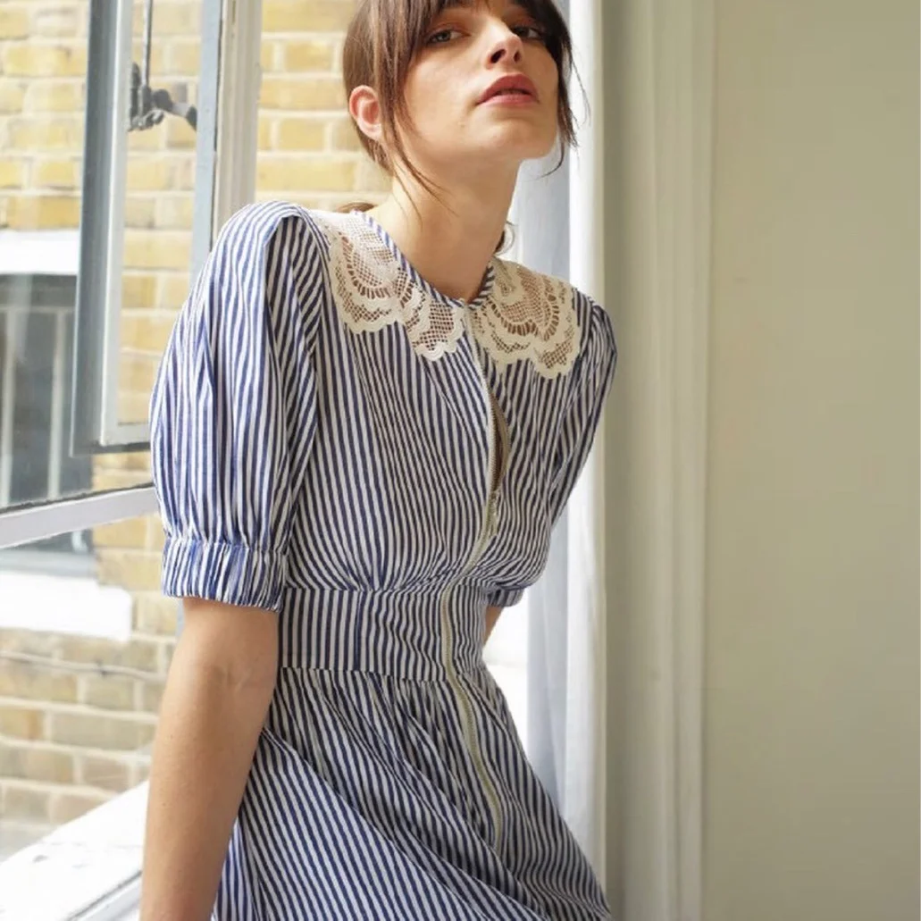

Blue And White Stripe Cotton Dress Longt Zipper Short Sleeve Mini Dress For Women