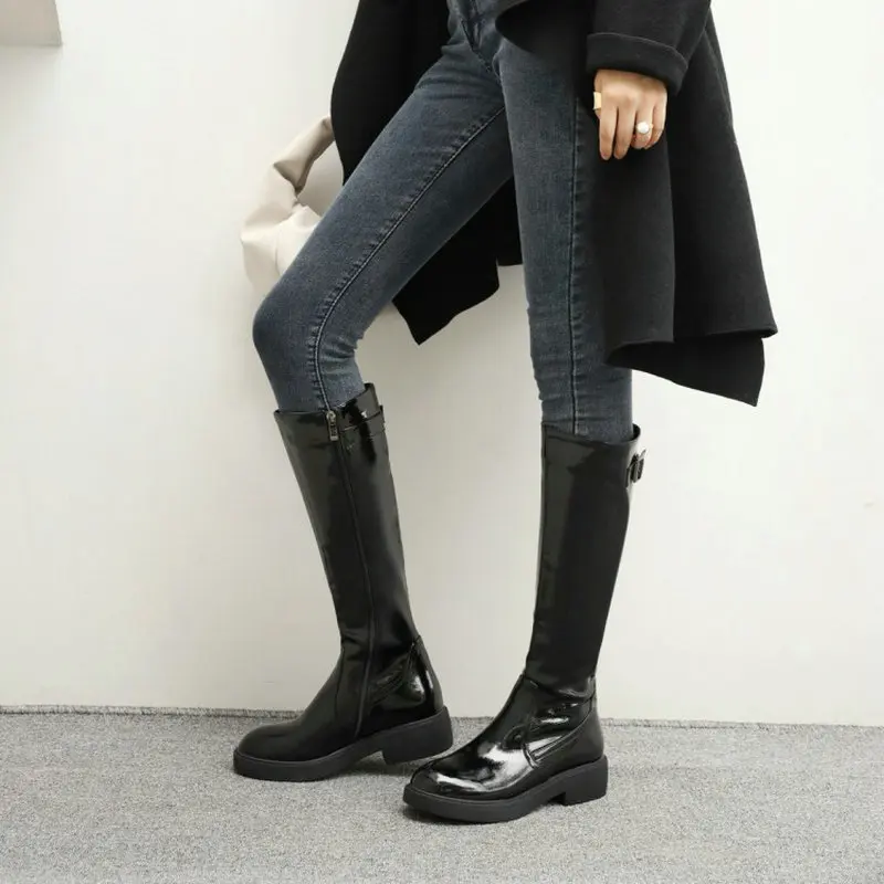 ZawsThia quality made platform women riding boots zipper silver beige black chunky low heels fur inside knee high | Обувь
