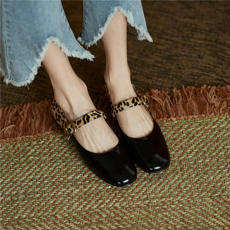 

VERCONAS Women Pumps Retro Round Toe Leopard Mary Janes Genuine Leather Casual Working Shoes Woman 2021 Spring New Arrival