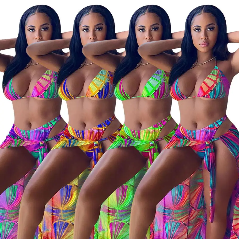 

Sexy Print 3 PCS Bikinis Set Halter Bra High Waist Thong Lace Up Long Skirt Swimwear Suit Swimming Biquinis Beach Swimsuit