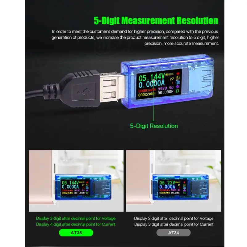 AT35 USB 3,0 ЖК-мультиметр Вольтметр Амперметр измеритель тока тестер для УМБ M89B