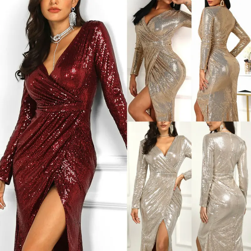 Women Glitter Sequined Dresses Long Sleeve Split Dress Deep V Neck Elegant Evening Club Party Bodycon Slim 3Colors | Женская одежда