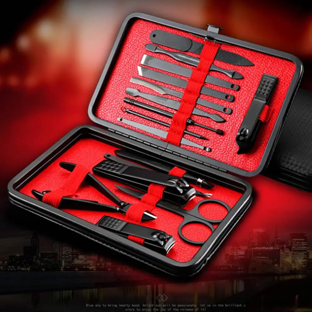 

7/10/12/16/18pcs black manicure nail clippers pedicure set portable travel hygiene kit stainless steel nail clippers tool set