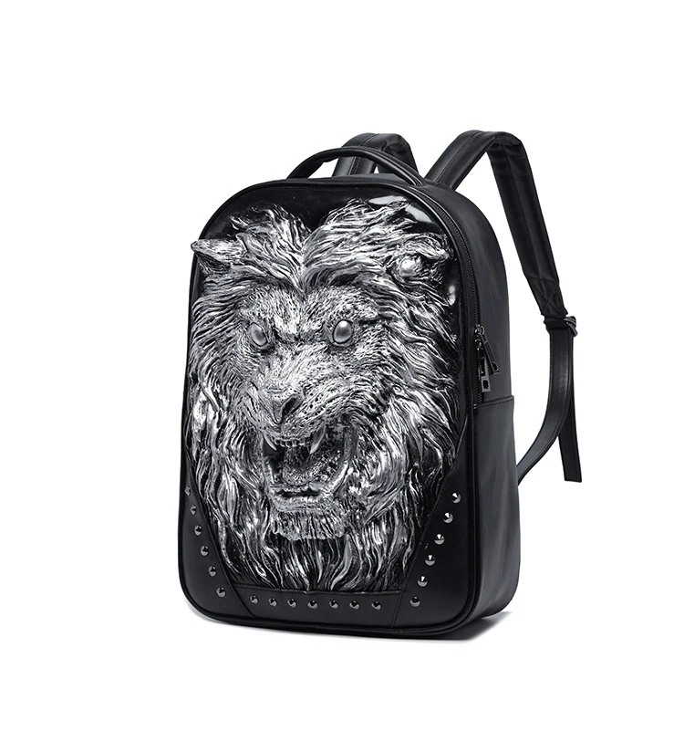 

GAMPOL PU Leather Fashion Portable Backpack Lion Head Animal Black Unisex Shoulder Bag Multifunctional Outdoor Computer Backpack