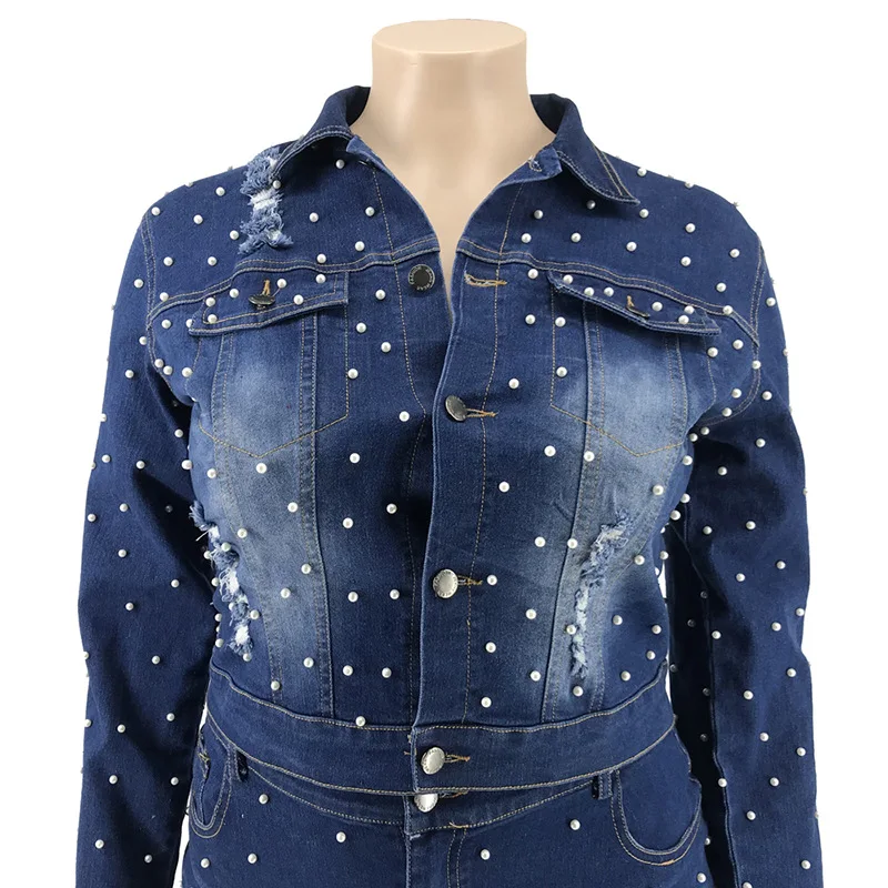 

Denim Skirt Bead Womens Plus Size Two Piece Sets Long Sleeve Coat and Bag Hips Skirt Casual Outfits Wholesale Mini Dress