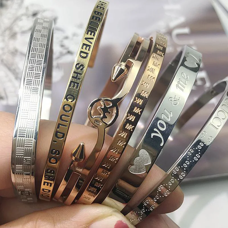 

5Pcs Fashion Simple Design Light Luxury Stainless Steel Bangles Laser Engrave Adjustable Open Cuff Travel For Women Jewelry Gift