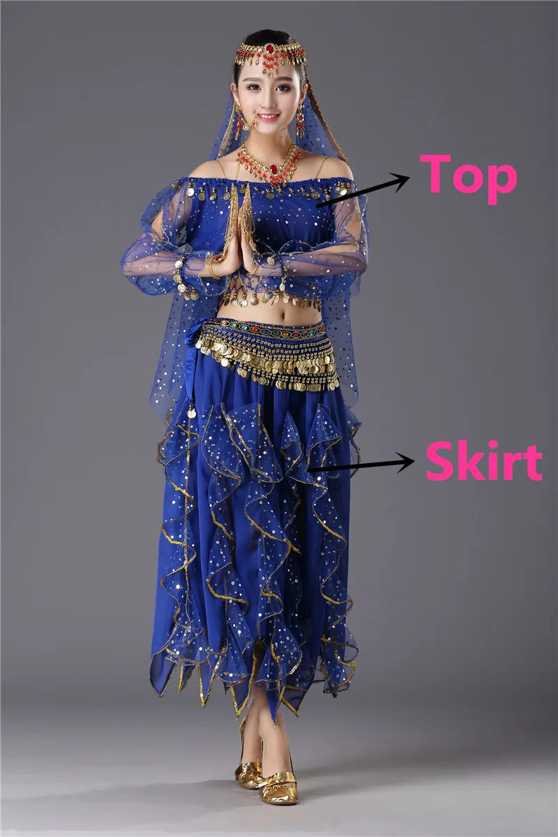 Royal Blue 2pcs Костюмы для танца живота, Египетский сценический танец, индийский танец живота, Женский Болливуд, длинные рукава, Одежда для танцев для девочек - Цвет: Royal Blue 2pcs